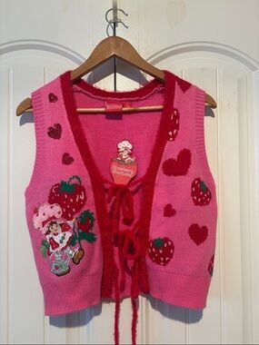 Strawberry Shortcake Pink Knit Vest with Heart & Strawberry Motifs